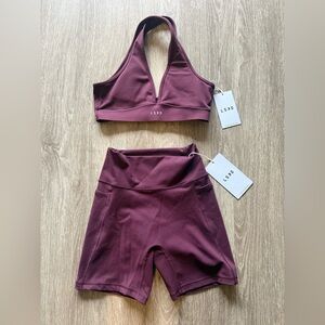 LSKD Stamina V-Neck Sports Bra & High-Waist Bike Shorts Set | Cherry Lacquer